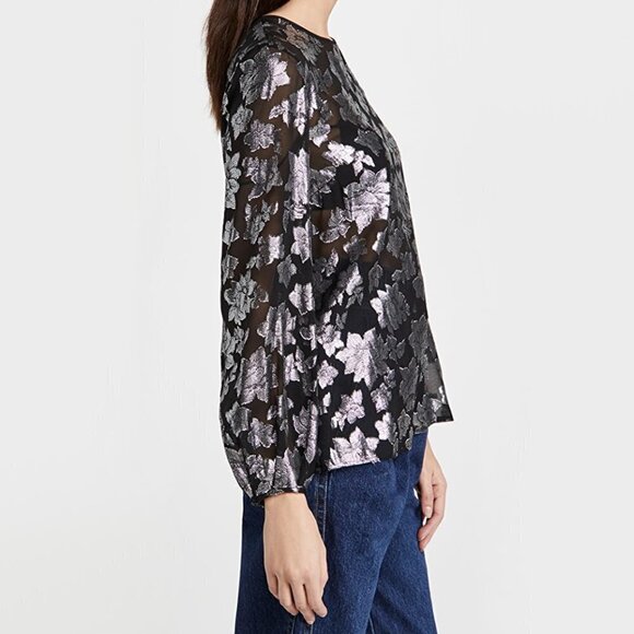 NWT Club Monaco black & silver metallic fibre burnout floral print sheer blouse - Picture 7 of 16